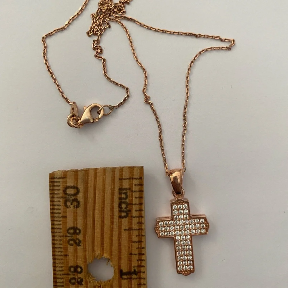 925 Silver cross necklace cz stones 14K rose gold plated
